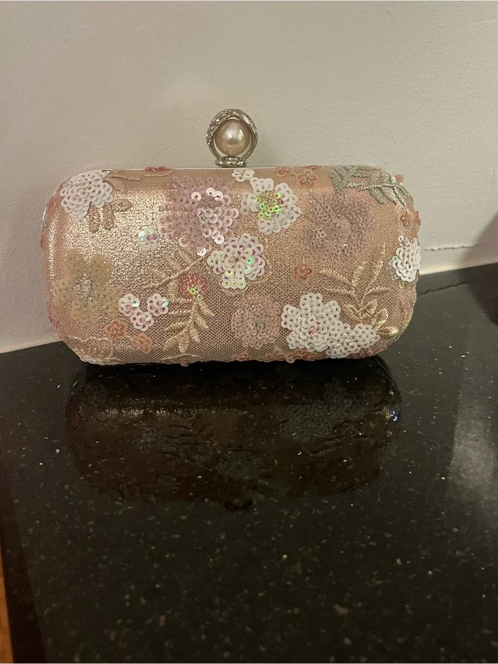 Champagne Floral Sequin Embroidered Evening Clutch